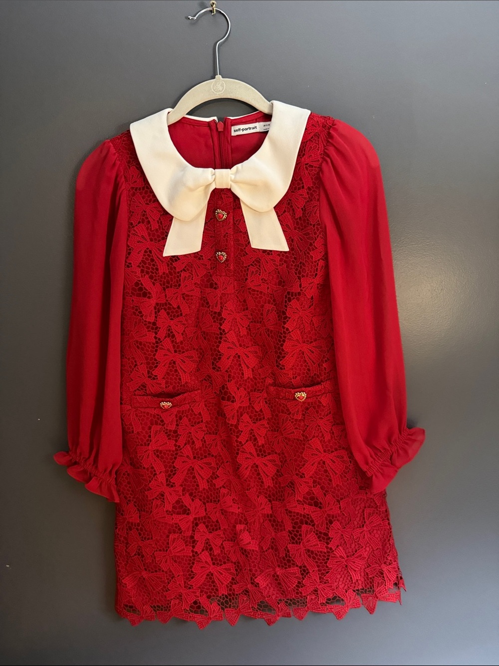 Self-Portrait Red Lace Dress with white and red Bow Collar